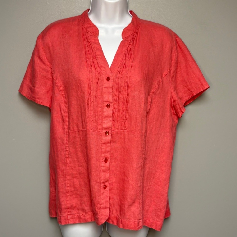 JM Collection Pink 100% Linen Beachy Resortwear Button Up Short Sleeve Top Sz 14